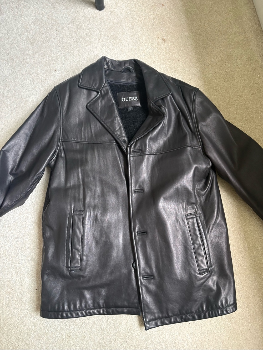 GUESS Men's Fleece Lined Black Leather Jacket Size M